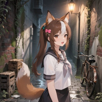 honkai: star rail, in the style of wlop,a 2d game cgi aesthetic. a charming and mature - looking vixen. she has long single - ponytail hair, rich chestnut - brown, she wears cute - themed hair accessories, glistening softly in the light, with a section of white hair in her bangs, her mouth slightly open, revealing her teeth, (in brown and white shades that blend well with her hair.) she's dressed in a japanese - style high - school uniform, She is in an old - fashioned, dimly - lit alleyway. The walls on both sides are made of rough, moss - covered bricks, with vines crawling up here and there. At the end of the alley, a faint, warm - toned streetlamp emits a soft glow, casting long, distorted shadows on the wet, cobblestone ground. There are a few discarded wooden crates piled up haphazardly in a corner, and an old, rusty bicycle leans against one of the walls. Shot from a low - angle, focusing on the vixen's face to highlight facial details. The dim light from the streetlamp at the end of the alley casts a mysterious, half - lit effect on her face. Noticeable are the fine lines around her eyes, adding to her mature charm, and the soft sheen on her lips. High - detail rendering shows each strand of her long eyelashes and the gentle blush on her cheeks. The cinematic texture gives a smooth, high - quality look. There is a shallow depth of field, blurring the background to keep all attention on her face. Cool - tone accents in the blue - gray shadows around her face add a sense of balance, enhancing the overall mysterious atmosphere. 