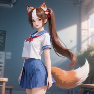 Honkai Impact 3,  a 2D game CGI aesthetic. A charming and mature - looking vixen with a tall and perfect figure. She has long single - ponytail hair, rich chestnut - brown, glistening softly in the light, with a section of white hair in her bangs. She wears small fox - themed hair accessories. The accessories are in red and white shades that blend well with her hair. he is wearing a female high - school student uniform with a blue pleated skirt, exuding a charming and enchanting aura. 