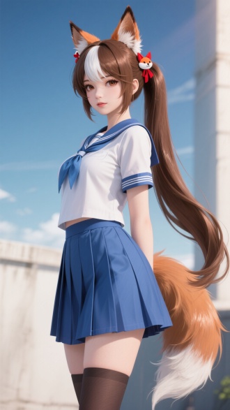 Honkai Impact 3,  a 2D game CGI aesthetic. A charming and mature - looking vixen with a tall and perfect figure. She has long single - ponytail hair, rich chestnut - brown, glistening softly in the light, with a section of white hair in her bangs. She wears small fox - themed hair accessories. The accessories are in red and white shades that blend well with her hair. he is wearing a female high - school student uniform with a blue pleated skirt, exuding a charming and enchanting aura. 