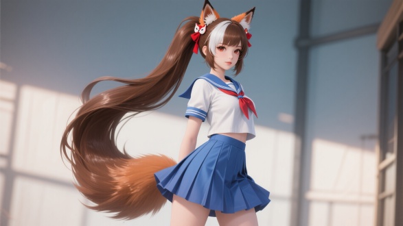 Honkai Impact 3,  a 2D game CGI aesthetic. A charming and mature - looking vixen with a tall and perfect figure. She has long single - ponytail hair, rich chestnut - brown, glistening softly in the light, with a section of white hair in her bangs. She wears small fox - themed hair accessories. The accessories are in red and white shades that blend well with her hair. he is wearing a female high - school student uniform with a blue pleated skirt, exuding a charming and enchanting aura. 