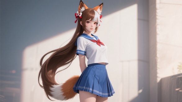 Honkai Impact 3,  a 2D game CGI aesthetic. A charming and mature - looking vixen with a tall and perfect figure. She has long single - ponytail hair, rich chestnut - brown, glistening softly in the light, with a section of white hair in her bangs. She wears small fox - themed hair accessories. The accessories are in red and white shades that blend well with her hair. he is wearing a female high - school student uniform with a blue pleated skirt, exuding a charming and enchanting aura. 