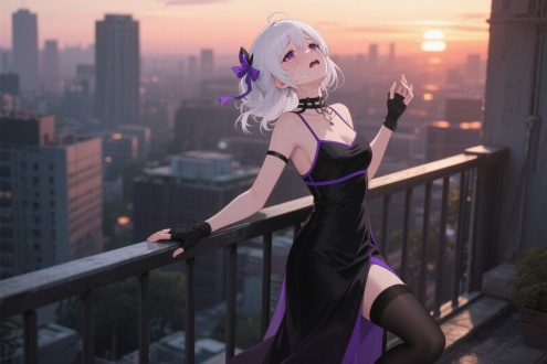 2.5d modeling, Unreal Engine 5 rendering, an anime beauty with white hair, wearing a long one - piece dress, black and purple strappy top (if applicable), black stockings, purple hair accessories, head tilted back, with a desperate and sorrowful expression, hands raised and gripping the balcony railing, cityscape and sunset in the background, sorrowful and despairing atmosphere, high - quality, detailed, hyper - realistic, focus on the character's face