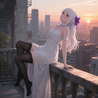 2.5d modeling, Unreal Engine 5 rendering, an anime beauty with white hair, wearing a long one - piece dress made of lightweight fabric, black stockings, purple hair accessories, leaning over and reclining on the balcony edge, head tilted slightly upward, with a desperate and sorrowful expression, cityscape and sunset in the background, creating a sorrowful and despairing atmosphere, high - quality, detailed, hyper - realistic, focus on the character's face.