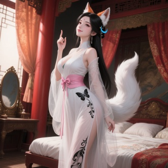 2.5d anime style,low - angle (camera tilted slightly upward, heightening oppressive feeling + intimate tension), 8k ultra - high definition, semi - realistic. a stunning oriental thousand - year fox spirit. head tilted slightly upward, chin lifted gently, one hand crooking a finger, with an alluring half - smile. she has an hourglass figure and wears an exquisite, lightweight ancient long gauze skirt in off - white color. the skirt is adorned with black patterns and delicate embroidery, which gives a sense of lightness. the sheer, lightweight gauze subtly reveals the skin. a pink belt with a butterfly knot cinches her waist, further accentuating her hourglass figure. along with a kezi (a type of traditional chinese undergarment) as thin as a cicada's wing. she has jet - black long hair and wears a blue crescent hairpin. she also has furry fox ears and a furry fox tail. in a boudoir in the style of china's tang dynasty, with red - painted wooden columns, silk curtains in warm colors, an ornate bed with embroidered bedding, and antique furniture like a dressing table with bronze mirrors. the light focuses on the character, creating a strong contrast of light and shadow, enhancing the sense of mystery. with ultra - high details, obvious physics effects, and excellent skin texture.
