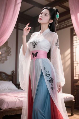 Xianxia style, low - angle (camera tilted slightly upward, heightening oppressive feeling + intimate tension), 8k ultra - high definition, CG ultra - realistic. A stunning oriental beauty with beautiful eyes, making a tempting gesture, full of allure. Head tilted slightly upward, chin lifted gently, with a cold sneer on her face. She has an hourglass figure and wears an exquisite, lightweight, off - white long gauze Chinese ruqun. The ruqun is adorned with black patterns and delicate embroidery, giving a sense of lightness. The sheer, lightweight gauze subtly reveals the skin. The lower hem of the skirt is in a blue - red overlapping pleated style. A pink belt with a butterfly knot cinches her waist, further accentuating her hourglass figure. No kezi (a type of traditional Chinese undergarment). She has jet - black long hair and wears an exquisite jadeite hair accessory. In a Chinese ancient - style room, there are pink silk curtains, an elegant and primitive - looking bed. Soft, warm - toned light fills the room, creating a cozy and pleasant atmosphere. The light focuses on the character, creating a strong contrast of light and shadow, enhancing the sense of mystery. With ultra - high details, obvious physics effects, and excellent skin texture. 
