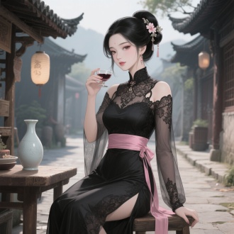 2.5d illustration style anime cgi, low-angle shot (slightly upward tilt, enhancing oppression), 8k ultra-high definition, a stunning eastern woman with exquisite ancient-style makeup — captivating eyes, fair translucent skin (fine texture), sitting at an ancient chinese roadside wine stand, holding a **ceramic wine vessel** (smooth glaze, simple traditional pattern) to drink wine, jet-black long hair in elegant updo (adorned with flower accessories), hourglass figure, wearing a gown (traditional + modern blend): sheer black lace long dress (light translucent, hazy texture, side slit) + high neckline (gorgeous neck ornament, delicate lace, hollow-out shoulders/sleeves) + pink silk waist ribbon (color contrast, cinches waist, adds softness), subtly sultry tailoring (blends classic style, highlights elegant curves), sheer fabric: soft light enhances subtle transparency, background: ancient chinese roadside path, lighting: character-focused, soft light-shadow (natural, enhances fabric translucency + skin texture + ceramic vessel's glaze), ultra-high details, clear physical effects.
