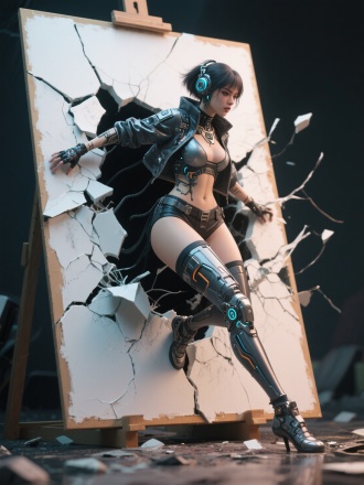 Create a detailed and intricate 3D rendering depicting a cyberpunk female, dressed in cyberpunk attire, emerging horizontally from a ruptured canvas. The woman's body and feet should extend beyond the boundaries of the canvas, evoking a sense of tension and movement, as if she is escaping the confines of the canvas.
