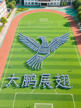 一个大型校园操场，周围是干净的绿色草坪。2000名身穿蓝白配色的运动服的学生，用人体阵列组成一个巨大的立体造型"大鹏展翅"巨型动物。无人机俯拍视角展示完美字形结构，大远景，阳光明媚，画面震撼