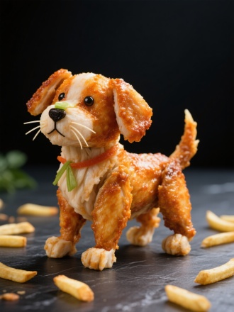 用奥尔良鸡翅精心拼搭出一只立体的小狗造型。小狗呈现出站立姿态，拥有清晰的头部、耳朵、眼睛、鼻子、胡须、四肢、身体、尾巴 ，眼睛、鼻子可选用合适食材点缀，胡须线条纤细，整体造型栩栩如生，背景为深色台面，散落一些薯条，营造出俏皮有趣的美食氛围