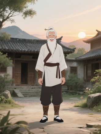 帮我生成一位古风老人，白发束于头顶，插有发簪，面容微笑，长白胡须垂至胸前；身着白色上衣，，腰间系深棕色束带，下身搭配深色长裤，裤脚挽起，露出带有复杂纹路的棕色绑腿，足蹬黑白色传统布鞋，双手自然垂放身体两侧，
 一个人站在中间靠后的位置，全身出镜，正对镜头，正面朝前，正面照，立正姿势，画面高清，远镜头

背景为中式传统建筑，包含瓦片屋顶、木质结构房屋，周围点缀绿植。画面呈现动画风格，整体色调古朴自然，远处有山，有日落