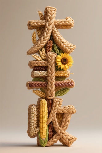 竖排立体汉字"大丰收”整体表面抛光藤条，五谷杂粮玉米，谷子，高粱，小麦，葵花复杂花式双层编织字体纹理效果，结构致密，纹理整齐，高质感3D渲染，超高清细节展现同纹渐变色彩，极简纯色背景，柔和顶光营造立体感，微距视角搭配景深虚化效果