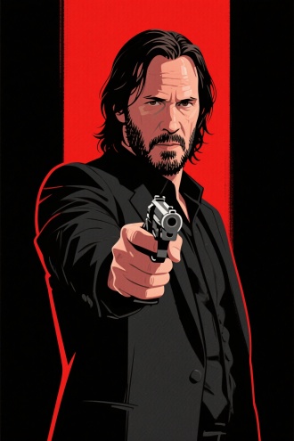 插画风格（高对比平涂质感），约翰威克（长发、络腮胡、冷峻神态），正面特写视角，举起手枪，身着黑色西装，背景红黑撞色，竖版构图，营造硬汉冷峻气场 。