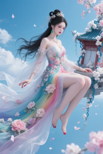 (((绝世美颜))), (((妖冶冷艳))), 古风幽冥美人, 邪魅凤眼, 细长眼尾, 雪肤凝脂, 湿发拂面, 凌乱发丝, 朱唇微启, 魅惑神情, 丰盈体态, 超精细手指刻画
妩媚性感御姐，长长的睫毛，细长的眼尾毛，精致的面容，戴着翡翠耳环，

一位身材高挑，腰肢纤细少女，身着彩色超长拖尾的古风纱裙，群上有立体花朵，飞天髻，长黑发，头戴发饰，坐在一个空中的楼阁上，楼阁上缠满了白色蓝色粉色藤蔓与花朵，婚纱的花朵拖尾随风飘起，细碎的花瓣飘在空中，俯视角度，蓝天白云，全身照，

眼影，密桃色腮红，嘴唇涂光泽豆沙红色的口红，手指美甲，优雅且富有创意写实逼真，CG厚涂，3D高精度建模渲染 ,OC渲染 Dolby Vision动态范围，立体唇纹反光，细腻皮肤纹理 柔和 8K超清真人比例建模，电影级景深，精确的面部解剖结构，微距摄影打光技术，动态表情捕捉，瞳孔虹膜分层着色。深灰色背景。