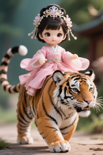 BJD 萌娃，大大的眼睛。小小的嘴巴，长长的睫毛。穿着漂亮的粉色古装。头饰上有暂时闪闪发光。坐在一个硕大的老虎后背上。威风凛凛的向前走。