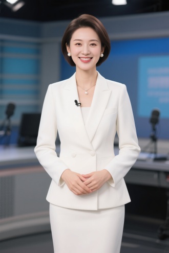 1. 人物形象：
- 职业女性播音员站姿，双手自然交叠在身前
- 温暖专业的微笑，目光柔和直视前方，白色套装
- 利落短发造型，佩戴珍珠耳钉，首饰