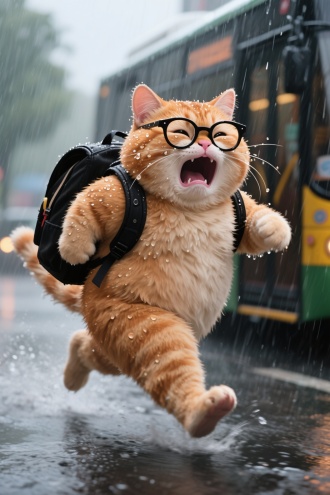 暴雨天，一只带着圆形黑框眼镜，背着一个黑色书包，张着大嘴哭的拟人化胖橘猫，正疯狂追赶公交车，雨水打湿了它的毛发，眼镜上全是水珠，书包在奔跑中上下颠簸不