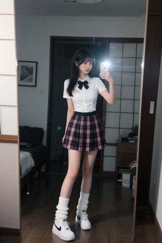 一位有着空气刘海、长发自然下垂到胸口、纤细白皙稍长腿部的清秀甜美可爱女孩，身穿白色紧身衬衫、和黑色为主点缀一点粉色的格裙，胸前有配套蝴蝶结，腿上穿白色堆堆袜和空军一号白色板鞋，在精心布置的日系风格房间内的落地镜前用iPhone后置摄像头进行对镜自拍，拍下全身照，照片开启闪光灯，略带运动模糊，构图混乱，整体呈现平庸日常感，暗色调，只突出人物，人像摄影，全身照，高清，写实风格，真实感，镜子外无其他人物