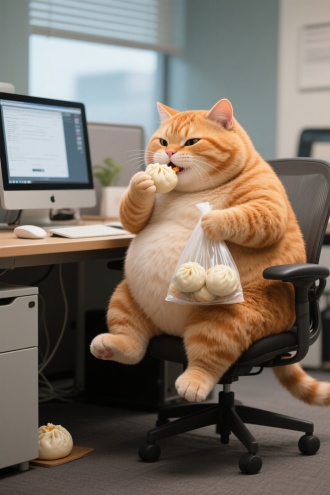 拟人写实，胖橘猫坐在办公室岗位上偷吃手上的包子，手里还拎着一袋藏在桌子下。胖橘猫看着电脑屏幕