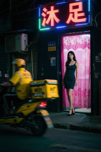 街拍，夜晚，城中村，一个暗黑的门口被深粉色蕾丝半透明窗帘遮住，边上站着1个25岁女人，面对镜头，穿着包臀裙，黑色高跟鞋，摆出姿势，头上的霓虹灯广告牌文字：“沐足”,前景是外卖小哥骑着一辆黄色的美团外卖电瓶模糊经过