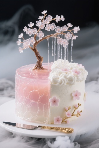 琉璃千本樱蛋糕，半透明樱花冻层覆盖淡粉渐变羊羹胚体，表面悬浮水晶樱花树微雕，树枝延伸出糖丝瀑布。侧面双重纹理：左半边手工拉糖形成冰裂纹，右半边蛋白霜塑造蓬松樱花云。附赠鎏金樱花枝造型蛋糕刀，底部干冰装置营造晨雾效果。