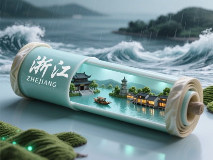 一个丝绸卷轴形状的创意微缩场景，卷轴横放着，表面为青瓷色并印有白色字“浙江”和英文“ZHEJIANG”，内部透明，展示杭州西湖舟行碧波上、宁波天一阁、舟山普陀山和乌镇水乡夜景灯火阑珊的微缩景观。背景为钱塘江潮与江南烟雨交融画面，材质融合丝绸纹理与青瓷釉面，灯光以水墨晕染的灰蓝色为主，局部点缀茶山新绿光效，8K建模呈现“诗画江南”的虚实意境