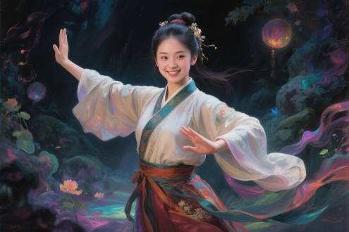 描绘了一个青春美少女穿着传统的中国宋朝服饰，梦幻古风，炫彩秘境，暗黑，油画写实风格，震撼画面，创意，魔幻，梦幻，富有表现力。大师级杰作，写实，8K超清。英姿飒爽，嘴角带笑，表演太极拳。