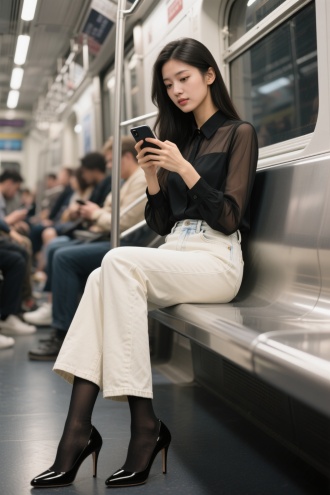 地铁上的美女，身穿黑色薄纱长袖有领衬衣，下身搭配米白色牛仔阔腿拖地裤，脚穿黑色高跟鞋，黑色短丝袜，低机位拍摄。坐在地铁上玩手机，青春靓丽，浅景深，写真，写实，电影质感，背景地铁车厢内，周围乘客，32K超高清画质，超高细节精度。