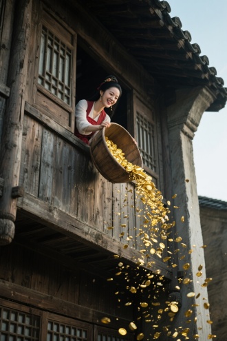 武侠大电影风格，仰拍镜头，古代老旧木楼，绝美的潘金莲在楼上窗口手持一倾斜木盆，木盆里装着金子，从楼上窗口往下一泼，金子散落下来，潘金莲表情笑吟吟。真人写实超高清电影质感