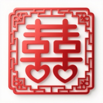 中国传统双喜字图案，红色立体双喜字置于方形边框内，线条简洁流畅，融入中式纹样设计，金属雕刻艺术风格，白色背景突出喜庆氛围，矢量图形质感，细节清晰精致。
