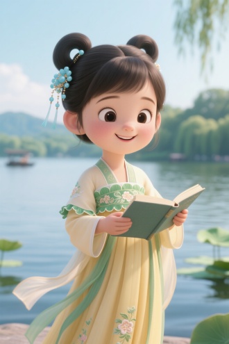 一位5岁左右身着淡鹅黄色宋制襦裙，上衣绣嫩绿色荷叶边花纹的萌萌小女孩，梳着双螺髻，插着浅蓝色珠翠发簪，站在西湖边，微风吹动她的裙摆，她脸上带着甜美的笑容，仿佛在赞叹西湖无论何时都如美人般美丽。8K高清，中国古代卡通，3D皮克斯风格。手拿着书在看