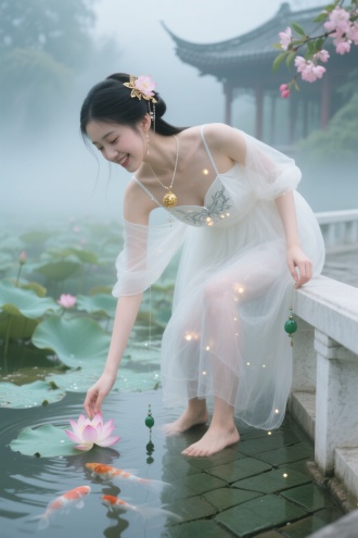 莲池氤氲的晨雾中，少女赤足踏过沁凉的青玉砖。月白色冰蚕丝吊带垂落肩头，细银链在锁骨窝折射出碎星般的光晕，轻透的烟罗纱衣松垮系在臂弯，随她俯身探向莲花的动作滑落半截，露出凝脂般透粉的肩颈。

十八岁的轮廓尚带着少女特有的青涩弧度，却被锁骨间那枚鎏金香毬衬出几分矜贵。蝉翼纱裁制的裙裾浸在池水中，漾开层层浅碧涟漪，隐约可见脚踝系着的翡翠铃铛随着锦鲤游动叮咚作响。

她忽然回眸轻笑，鬓边累丝金步摇惊起流萤点点。沾着晨露的指尖拂过颈间银绣莲纹，被朝霞染成蜜色的薄纱贴在腰际，在汉白玉栏杆的映照下透出蝴蝶骨优美的轮廓。远处画檐飞角隐在雾霭中，唯留她鬓间那朵将开未开的垂丝海棠，在氤氲水汽里酿出倾城的艳色。

【视觉化提示】
1. 采用柔焦镜头效果突出肌肤莹润质感
2. 在锁骨与裙摆处添加细碎光斑模拟水面折射
3. 用渐变青绿色调区分前景莲池与远景建筑群
4. 设计半透明披帛缠绕手臂的流动感褶皱
5. 在眼角点染桃粉色呼应发间海棠花