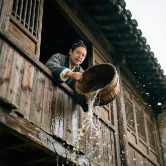 武侠大电影风格，仰拍镜头，古代老旧木楼，一个男人在楼上窗口手持一倾斜木盆，木盆里装着水，从楼上窗口往下一泼，脏水散落下来，男人表情笑吟吟。真人写实超高清电影质感