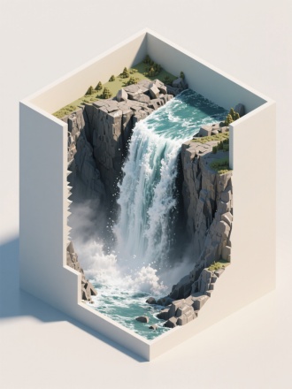一个等轴测立体模型，展示了一个作为图像全部焦点的浅长方体横截面。完全包含在此棱柱内的是一个巨大、雷鸣般瀑布边缘的景象。这个低矮的棱柱展示了大量汹涌的河水加速流向一个陡峭的、坠入迷雾深渊的断崖，河岸边布满锯齿状的岩石。所有这一切都严格发生在棱柱横截面的边界之内。整个图像是从略微抬高的等轴测视角完整观察这个立体模型风格的棱柱，瀑布场景完全封装在其可见的剖面边界内。明亮直射的阳光照在咆哮的水流和爆炸的水花上，与下方阴影笼罩的峡谷形成强烈的高光对比。