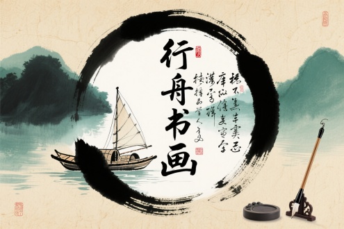 "行舟书画"，[行草题韵书法艺术]，[水墨舟船背景] 墨色渲染与留白结合，[错落立体排版] 文字与插画形成环形构图，[毛笔飞白技法] 笔触墨韵自然渗化，[宣纸底纹] 泛黄纸质肌理衬托，[动态布局] 船帆与字体笔画形成视觉流动，[印章点缀] 朱砂篆刻落款平衡画面，[青绿山水色调] 水墨渐变过渡，[禅意空间] 传统与现代融合意境，[书法生命力] 起笔顿挫与收笔游丝细节考究，[文房四宝元素] 砚台与笔架暗纹装饰，杰作