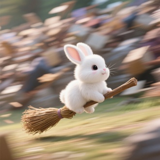 一个萌萌的可爱的白色的毛茸茸的兔宝宝坐在魔法扫帚上贴地飞行，速度极快，俩边物体后退的成为一堆模糊虚影