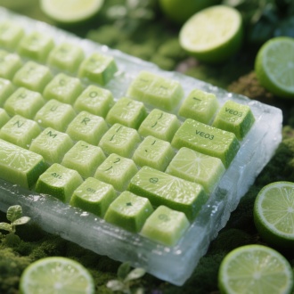 采用UE5渲染技术，呈现出微缩景观风格的画面，整体带有veo3的独特质感。画面主体是一个由冷冻切好的青柠制成的键盘，每个按键都是一块切好的青柠，表面纹理清晰可见，色泽鲜亮。从特定的视角拍摄，突出了键盘的每一处细节，营造出精致且逼真的效果，色调清新自然，给人一种清凉的视觉感受