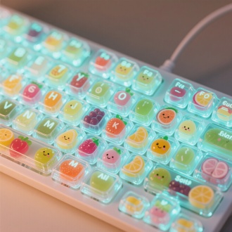 透明发光水果果冻键盘，完整键盘，亮晶晶，Q弹，高清画质，一个键盘上全是各种不同的可爱小小的水果果冻，水果被罩在透明键盘格里，键盘上字母清晰，
