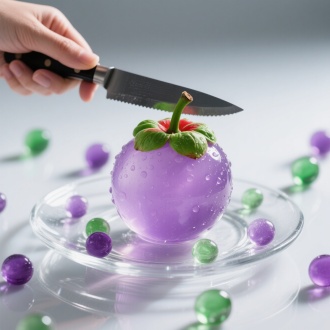一只手拿着刀切着一个紫色半透明的球形果实，表面有水滴，果实有绿叶和绿红相间的顶部，放在一个透明的玻璃盘子上，周围有一些紫绿色的透明小球，背景是浅灰色的表面有光反射，摄影风格逼真