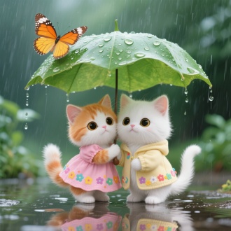 这幅图像呈现出一幅萌趣又温馨的场景。画面中央，两只毛茸茸的小猫紧紧相依。左侧的小猫有着橙白相间的毛发，身着一件粉色连衣裙，裙边装饰着多彩的小花图案，显得格外甜美。右侧的小猫浑身雪白，穿着一件浅黄色的外套，外套边缘同样缀满了彩色小花，与左侧小猫的裙子相呼应。两只小猫睁着圆溜溜的大眼睛，眼神清澈无辜，彼此依偎的姿态传递出浓浓的亲密与依赖。

它们头顶上方，一片大大的绿叶如同一把天然的伞，为它们遮挡着细密的雨丝。叶子上布满了晶莹的水珠，仿佛在诉说着雨中的故事。雨滴从叶子的边缘滑落，形成一道道细小的水帘，给画面增添了动态的美感。

在叶子的左上方，一只橙黄相间的蝴蝶翩翩飞舞，翅膀上的花纹清晰可见，为整个画面增添了一抹灵动的色彩。背景是一片模糊的绿色，可能是雨中的植物，营造出一种静谧而清新的氛围。地面上有积水，倒映出小猫和叶子的影子，增加了画面的层次感。
