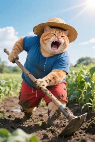 夏天的中午，太阳高照，一只穿着蓝色短袖和红色裤衩的胖橘猫，戴着草帽，拿着锄头在庄稼地里，汗流浃背，表情痛苦，眼泪汪汪，哭成了泪人。张大嘴巴不停的大声呼喊，语速非常快。浑身沾满了泥土。超高清，远景。