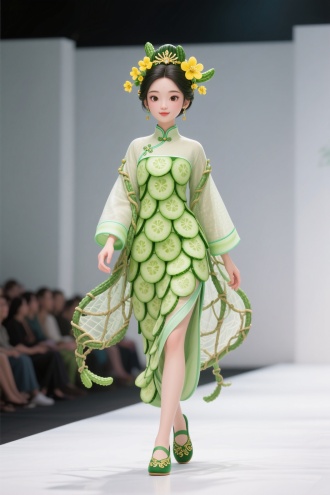 黄瓜美女亭亭玉立在洁白T台正中央，身着一袭由翠绿色黄瓜片精心拼接的唐装。黄瓜片大小均匀，排列有序，宛如一片片精致的鳞片，在灯光下闪烁着清新的光泽。领口与袖口用浅绿色黄瓜瓤细致镶边，既增添了层次感，又展现出别样的温柔。她外披一件用黄瓜藤编织的轻薄披肩，藤条自然蜿蜒，巧妙地勾勒出她的身形。头上戴着一顶由黄瓜花点缀的小巧凤冠，黄色的花朵娇艳欲滴，为整体造型增添了几分俏皮。脚蹬一双绿色绣鞋，鞋面绣着金色的黄瓜图案，走动间，仿佛带着田园的微风。3D漫画卡通风格让她的形象更加生动可爱，超清大景深凸显服饰细节，正面视角完美展现她的风采，白色背景简洁干净，模糊的背景观众席突出主体。