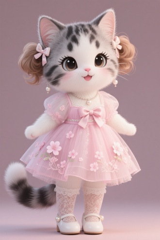 拟人美短起司女猫咪，黑白灰的毛发。全身毛茸茸的。拟人美短起司女猫咪浅棕色头发，自然微卷，扎着两个小揪揪，别着小蝴蝶结发夾，大眼睛清澈透亮，睫毛忽闪忽闪，脸蛋泛着樱花粉，粉色薄纱，公主裙，绣着花瓣，腰间蝴蝶结，闪着微光，她穿着，珍珠扣白鞋，配蕾丝袜，(搭配细项链，耳坠)，歪头甜笑，美短起司女猫咪，浑身透着，清秀灵气，纯色背景，突出猫咪，精致细节，超顶级8K画质，Q萌
