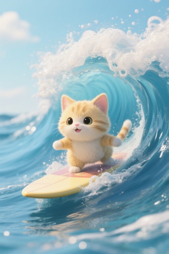 极小猫的在大海里冲浪，蓝色的海水，卷起千层，浪花卷过小猫头顶，从浪卷洞中穿出，表情呆萌调皮可爱，卡通风格3D渲染，柔和的浅黄色调，8K分辨率画面充满绒毛细节，童话故事书插图，8K超高清