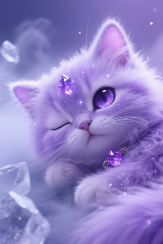 通体绒毛透紫闪着紫光反光的萌系通灵小猫妖，近距离眼部特写，闭着眼睛睡觉，绒毛自带星尘拖尾特效，紫色冰丝绒毛且绒毛结着紫色冰晶玉石，大大的眼睛，脸上自带柔光滤镜，毛毛透着冷白紫光泽，四周漂浮冰块雾气,无特定场景,奇幻风,特写,神秘、空灵，邪魅，淡紫色背景