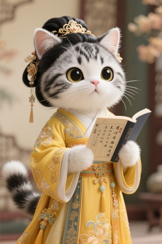 生成一只拟人美短起司猫咪，黑白灰的毛发。全身毛茸茸的。拟人美短起司猫咪身穿华丽的黄色汉服，发丝细节，天真浪漫，拿着古诗词本，背诵古诗，美短起司猫咪圆脸，大眼睛，超级真实