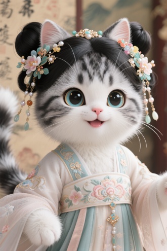 想象一个拟人美短起司女猫咪，黑白灰的毛发。全身毛茸茸的。拟人美短起司女猫咪她拥有着一双仿佛能说话的晶莹剔透的大眼睛，闪烁着纯真无邪的光芒。她的装扮仿佛穿越了时空，身着一套精致的莘庄古装，那细腻的刺绣和柔美的布料在她身上更显灵动。

拟人美短起司女猫咪发型是双丸子头，小巧而俏皮，每一个丸子都像是精心雕琢的艺术品。头上还点缀着各种小巧的装饰品，可能是精致的珠翠，也可能是缤纷的花朵，这些装饰在她的发丝间跳跃，为她的整体造型增添了几分灵动与仙气。

这个美短起司猫咪的颜值绝对是亚洲之最，犹如仙子，她的每一个笑容都能融化人心，她的每一个动作都散发着无尽的可爱与魅力。她就像是从古代画卷中走出的小精灵，让人忍不住想要靠近、想要呵护。真实拍摄实拍，32k