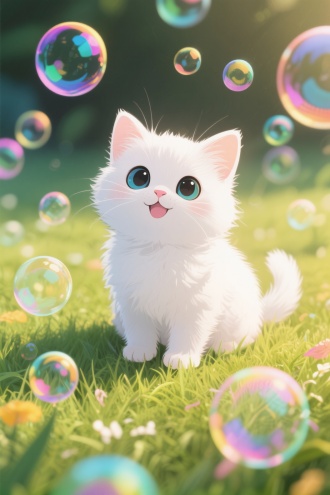 一只大大的眼睛，乳白色的，可爱的，毛茸茸的，小奶猫坐在阳光下的草地上，周围都是透明的，五颜六色的肥皂泡有大有小，歪着头微微的笑。高清动漫风格