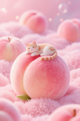毛绒绒的水蜜桃，毛绒质感的水蜜桃，梦幻，治愈，宁静，梦境，颗粒感，肌理感，手绘，封面设计，粉红的水蜜桃覆盖整个画面，有一只可爱的小猫慵懒的趴在水蜜桃上，弯曲的身子跟桃子一个造型，治愈，3d
