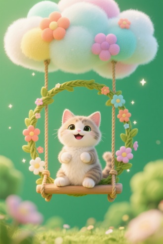 一片五彩云朵上挂着一个花朵编织的秋千，一只小奶猫开心的坐在秋千上，黄金比例构图，杰作，大师作品，圆润造型、温暖治愈氛围、童趣自然元素，高质清晰3D动漫，高细节。表情呆萌可爱，卡通风格3D渲染，明亮的绿色调，8K分辨率画面充满绒毛细节，童话书插画质感，虚实分明，。背景为明亮绿色模糊的自然景象 。整体氛围清新、宁静且富有生活哲理 。治愈系，可爱型。色彩颗粒,星汉灿烂,柔光淡彩,肌理磨砂,治愈水粉,