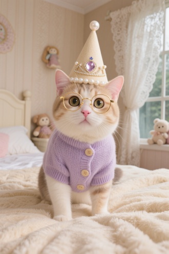 猫咪戴浅金色眼镜，穿着浅紫色的针织纽扣上衣，戴着米色的公主帽，帽子上有水晶皇冠和珍珠装饰，眼睛又大又亮，粉粉的鼻头超萌。它站在米色毛绒床单的床上，，背景是布置温馨的房间，有米色的蕾丝窗帘、玩偶、玻璃窗，整体风格清新软萌，满满的治愈感 。
